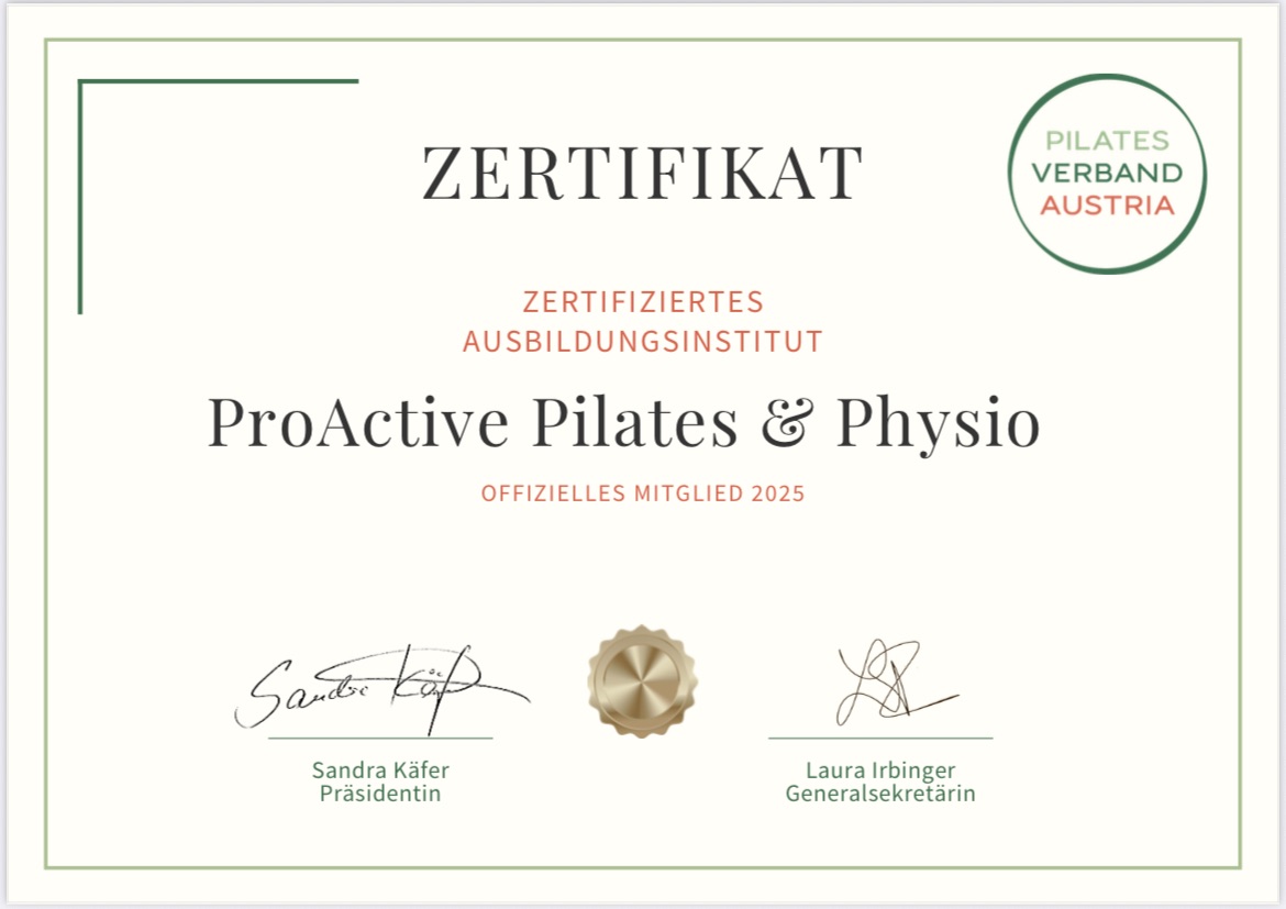 Zertifikat für die Mitgliedschaft im Pilates-Verband